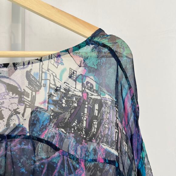 SINGLE City M Print Silk Long Sleeve Wrap Top Hi Low Sheer Multicolor Blue USA - Picture 7 of 10